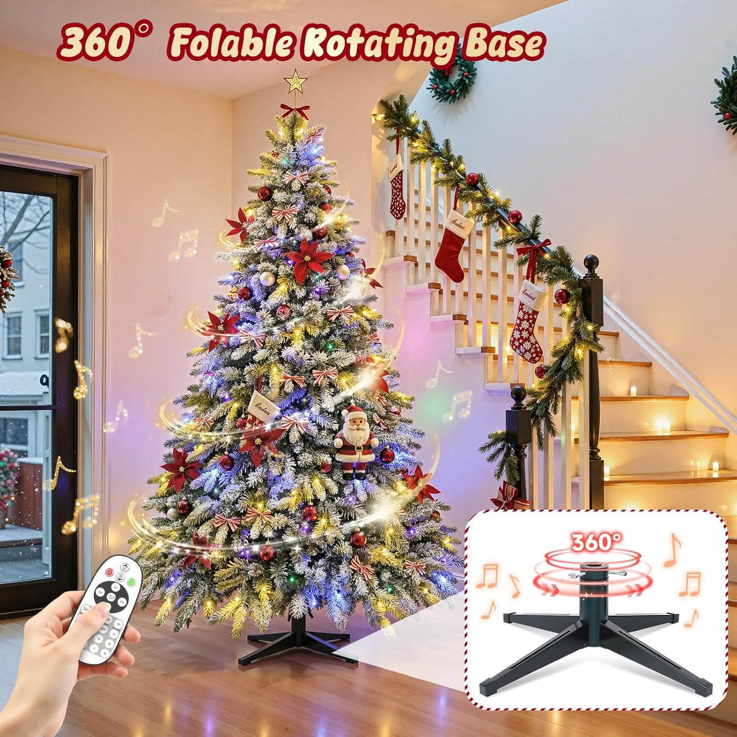 9FT Rotating Christmas Tree with Remote, Pre-Lit Artificial Green PE & PVC Xmas Tree, Multicolor