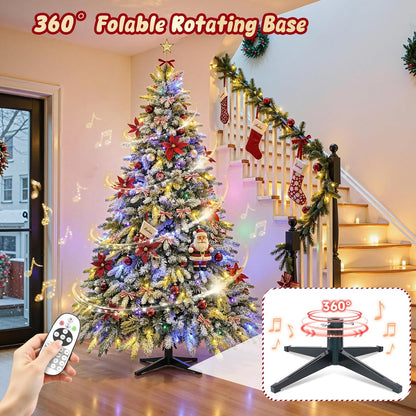 9FT Rotating Christmas Tree with Remote, Pre-Lit Artificial Green PE & PVC Xmas Tree, Multicolor