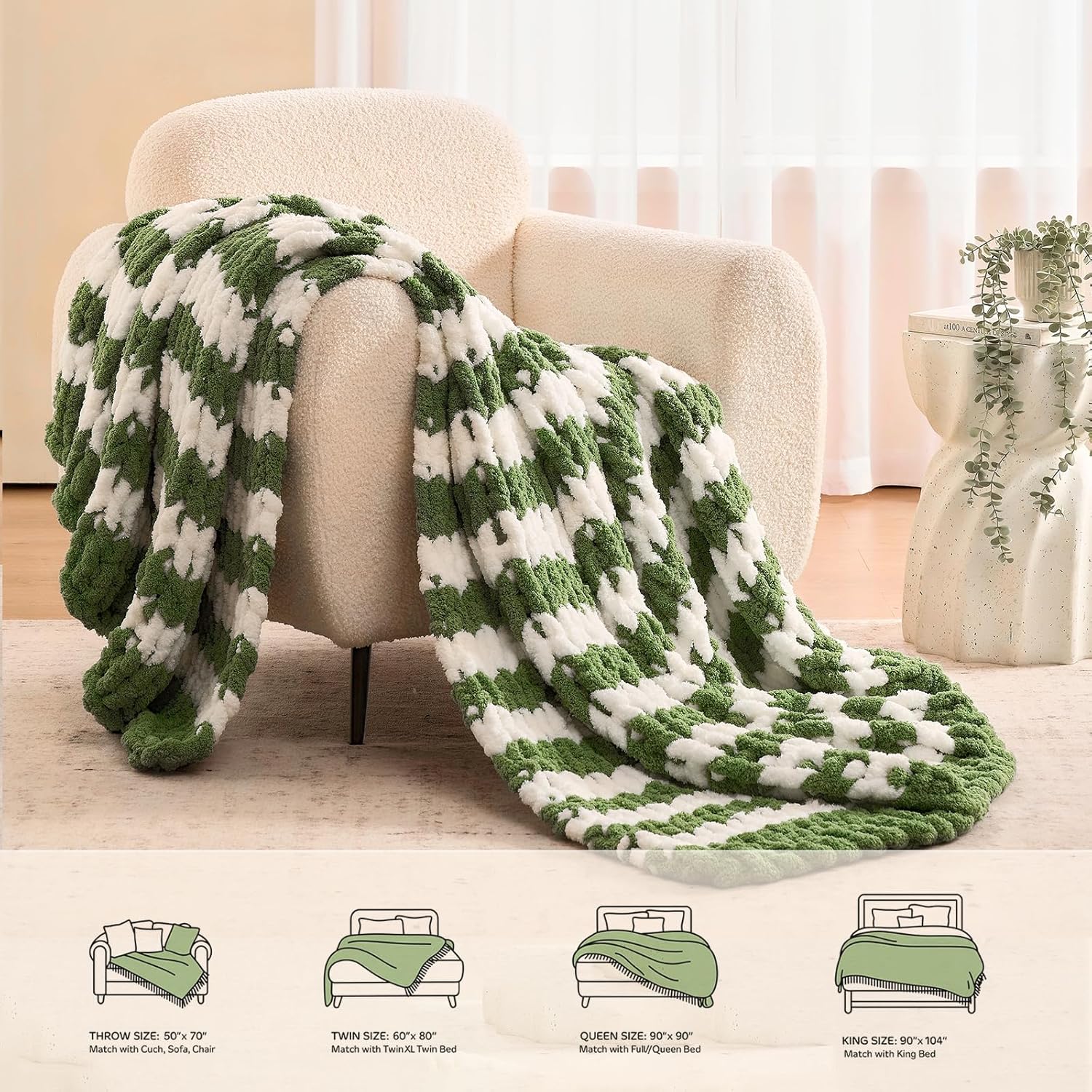 L'AGRATY Chunky Knit Blanket Throw: 60''x80'' Chenille Chunky Knitted Throw Blankets for Twin Bed