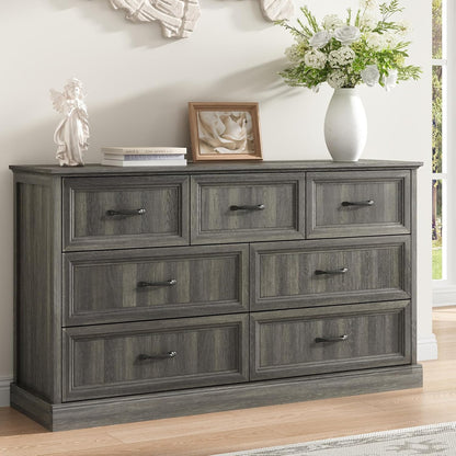 Farmhouse 7 Drawer Dresser for Bedroom, 55 Inch Wide Modern Grey Dresser TV Stand with Large