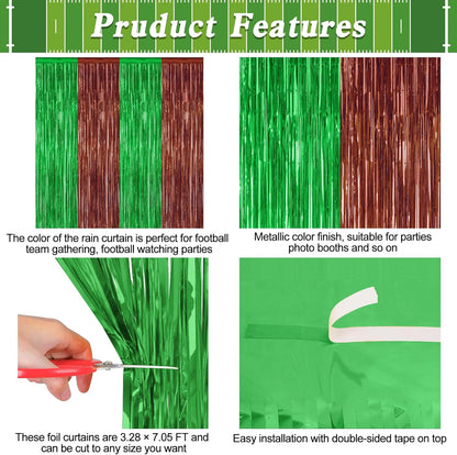 2 Pack Football Party Decorations, 3.28 FT x 7.05 FT Tinsel Backdrop, Brown Green Foil Fringe