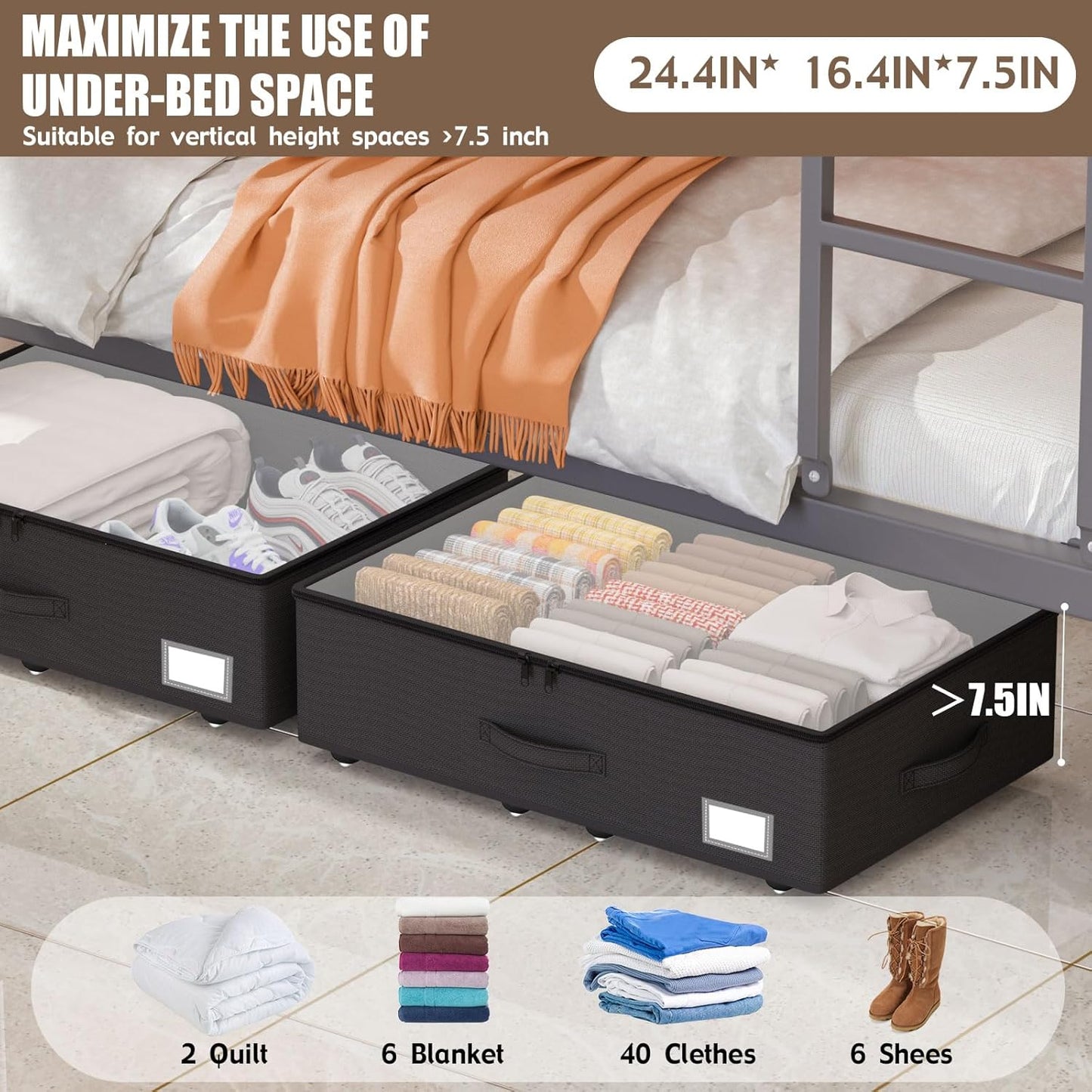 Underbed Storage Bins with Wheels, No Assembly Required - 7.5 inch height Black Large Capacity