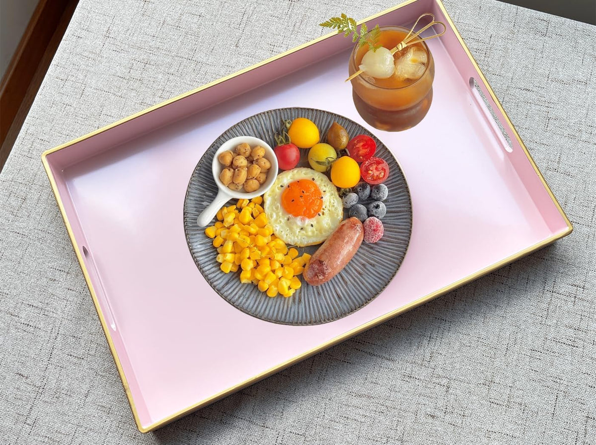 Large Pink Rectangular Decorative Tray – Plastic Serving Tray with Handles for Coffee Table