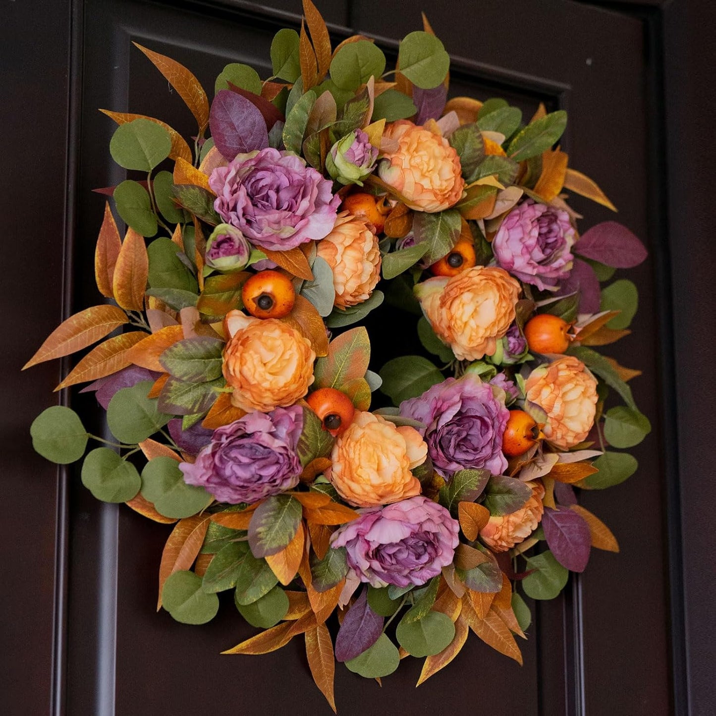 24 Inch Fall Wreath for Front Door - Autumn Wreath with Peony, Maple Leaves, Berries - Farmhouse