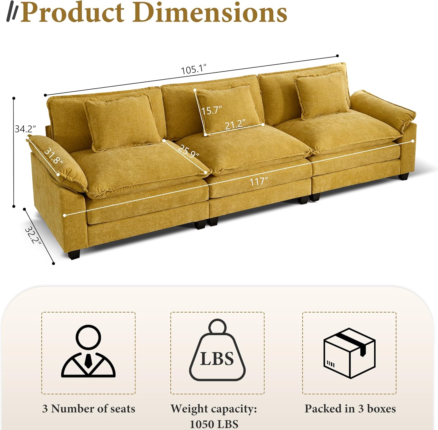 URRED Modular Sectional Sofa Comfy Cloud Couch, Modern Chenille Sofa Sleeper Deep Seat Couches with