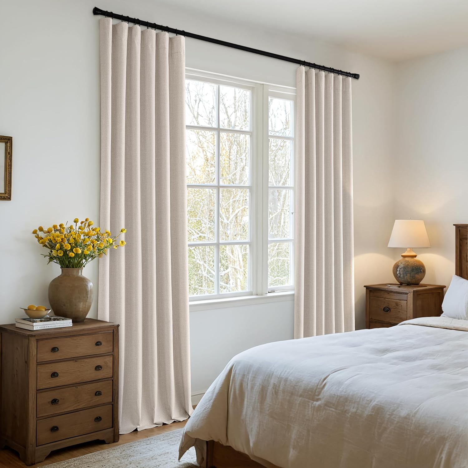 MIULEE 100% Blackout Curtains 96 Inch Long 2 Panels Set for Bedroom, Thick Faux Linen Black Out