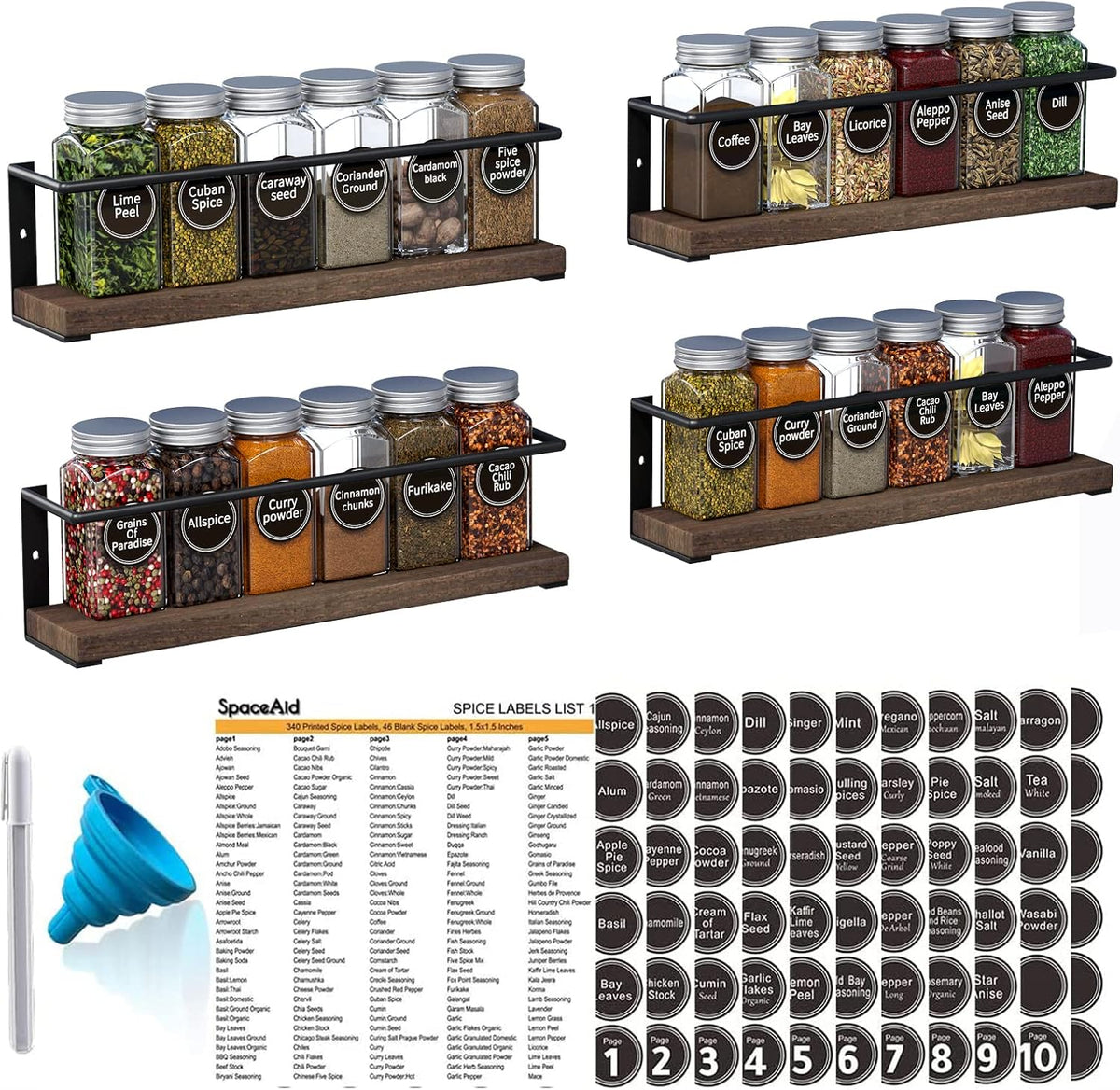 SpaceAid Spice Rack with 24 Spice Jars, 386 Spice Labels, Chalk Marker and Funnel, Wood Hanging
