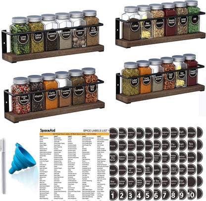 SpaceAid Spice Rack with 24 Spice Jars, 386 Spice Labels, Chalk Marker and Funnel, Wood Hanging