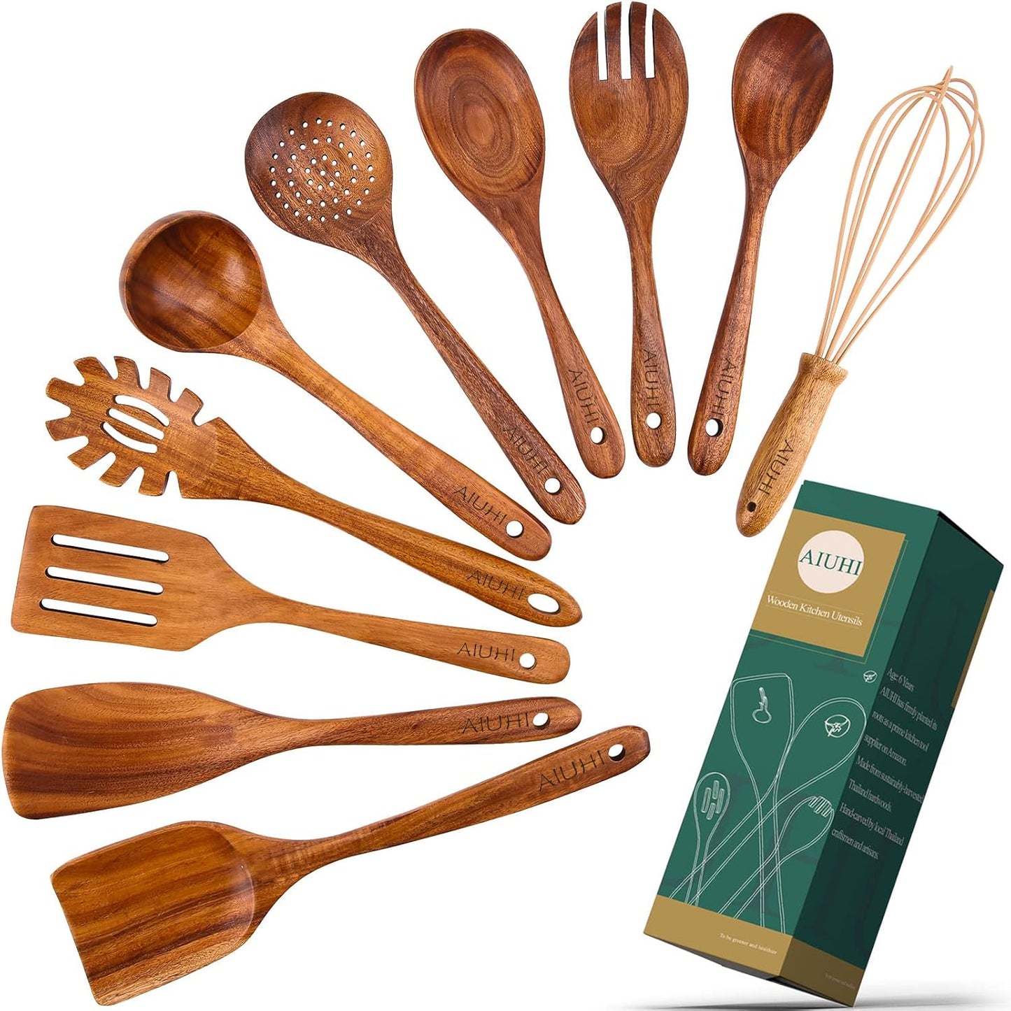 AIUHI 10 Pack Wooden Spoons for Cooking, Teak Wood Kitchen Utensils Set for Non Stick Use, Spatula