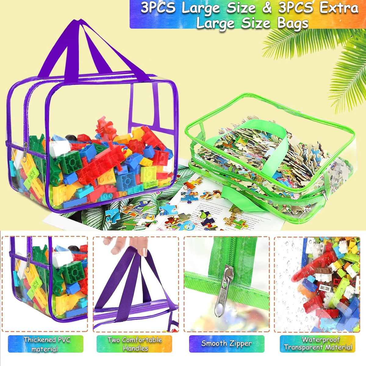 6 Colors Large Toy Storage Bags with Labels, Reusable Clear PVC Board Game Storage, Travel