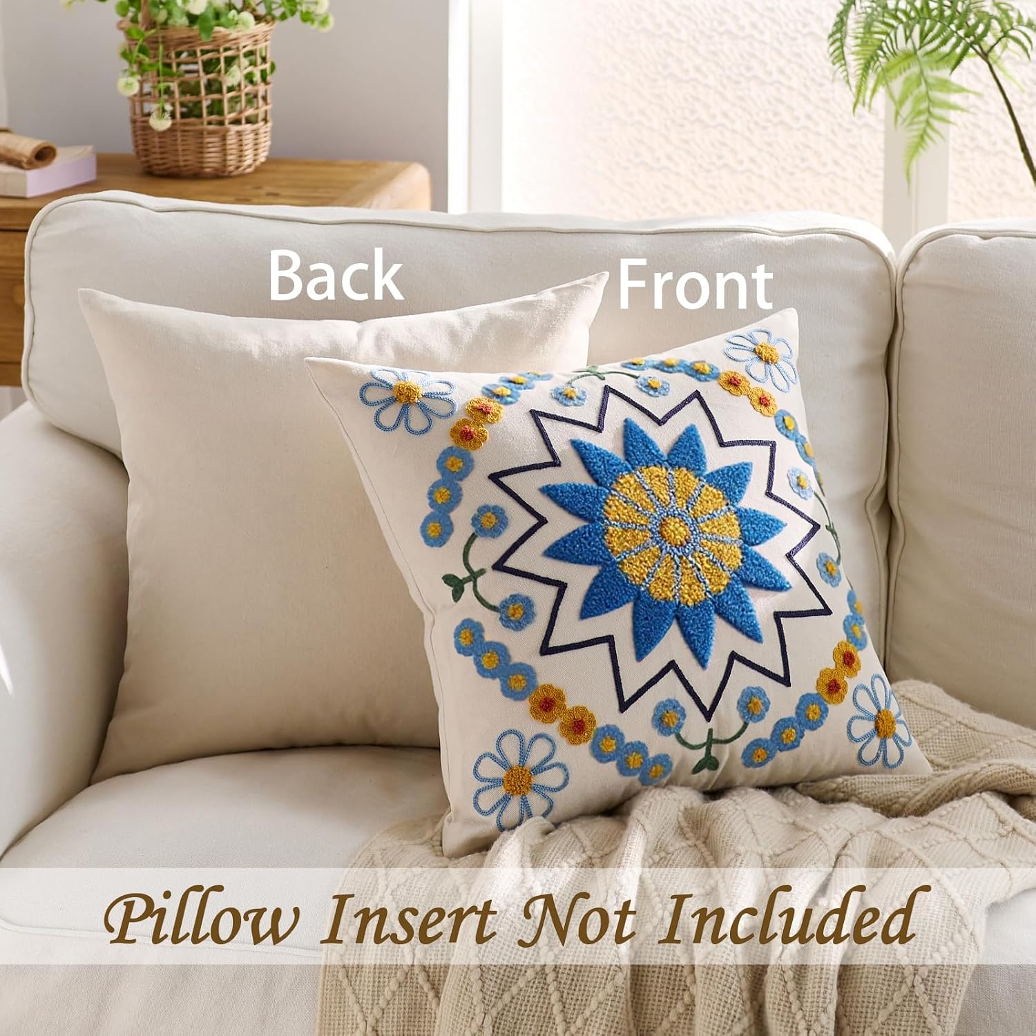 Embroidered Throw Pillow Cover 18x18 Classic Boho Floral Pattern Pillows Cover Outdoor Decorative