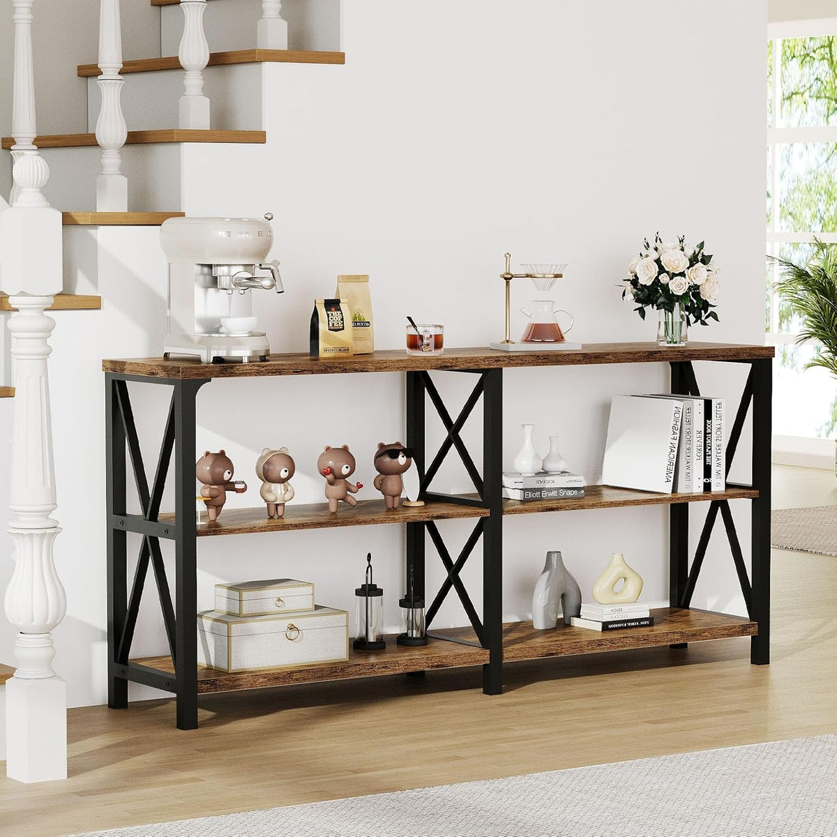 LVB Rustic Console Table, Industrial Wood Metal Sofa Table Behind Couch, Farmhouse Long Entryway