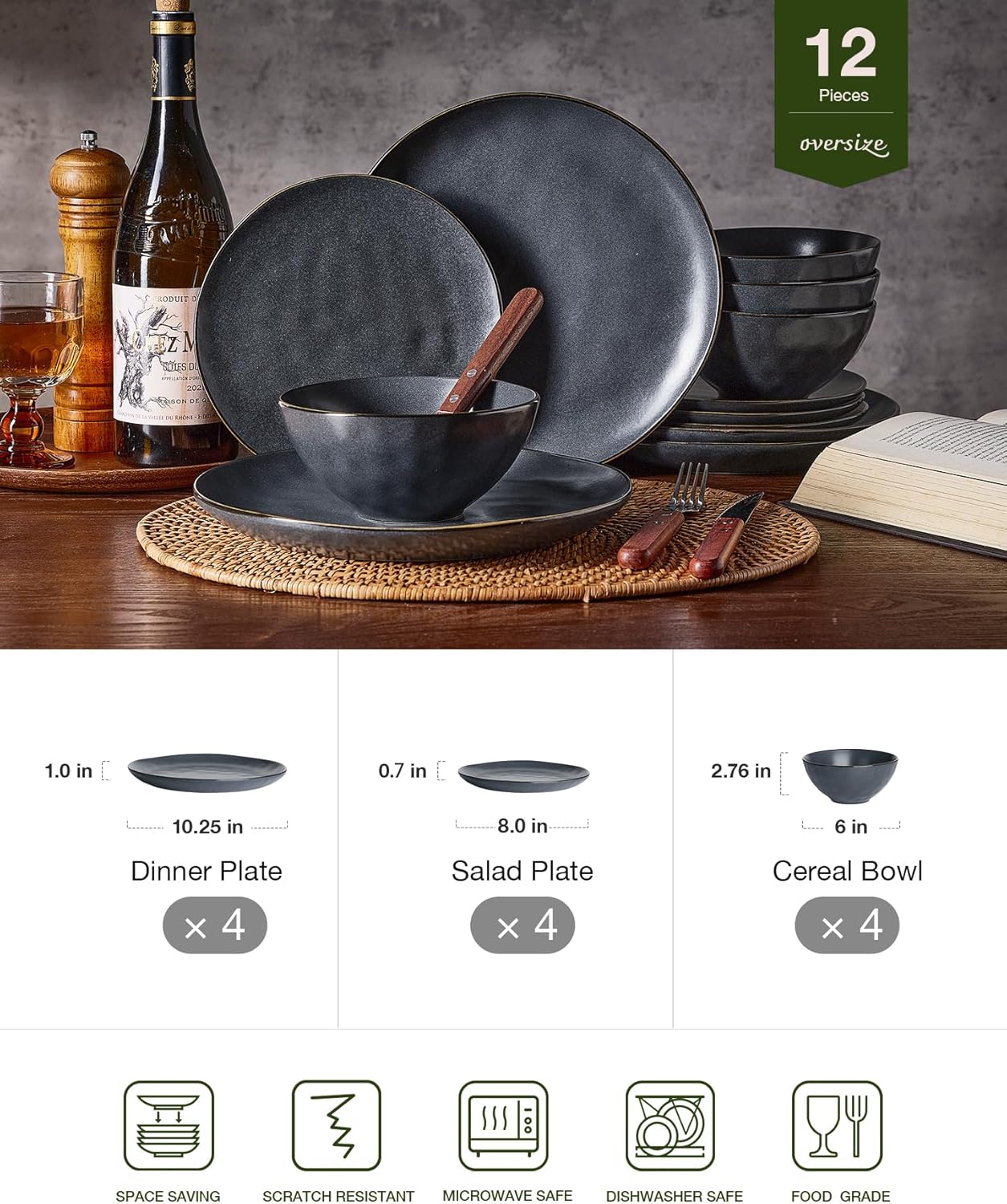 Famiware Dinnerware Sets for 4, Ocean Round 12-Piece Kitchen Plates and Bowls Sets, Microwave and