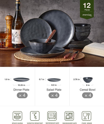 Famiware Dinnerware Sets for 4, Ocean Round 12-Piece Kitchen Plates and Bowls Sets, Microwave and