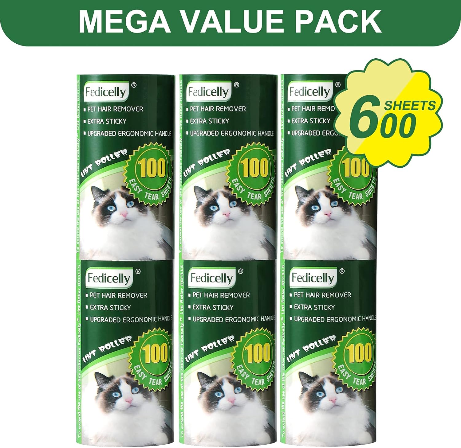 Fedicelly Lint Rollers Pet Hair Extra Sticky Refills,Mega Value Set 600 Sheets for Cat and Dog Hair