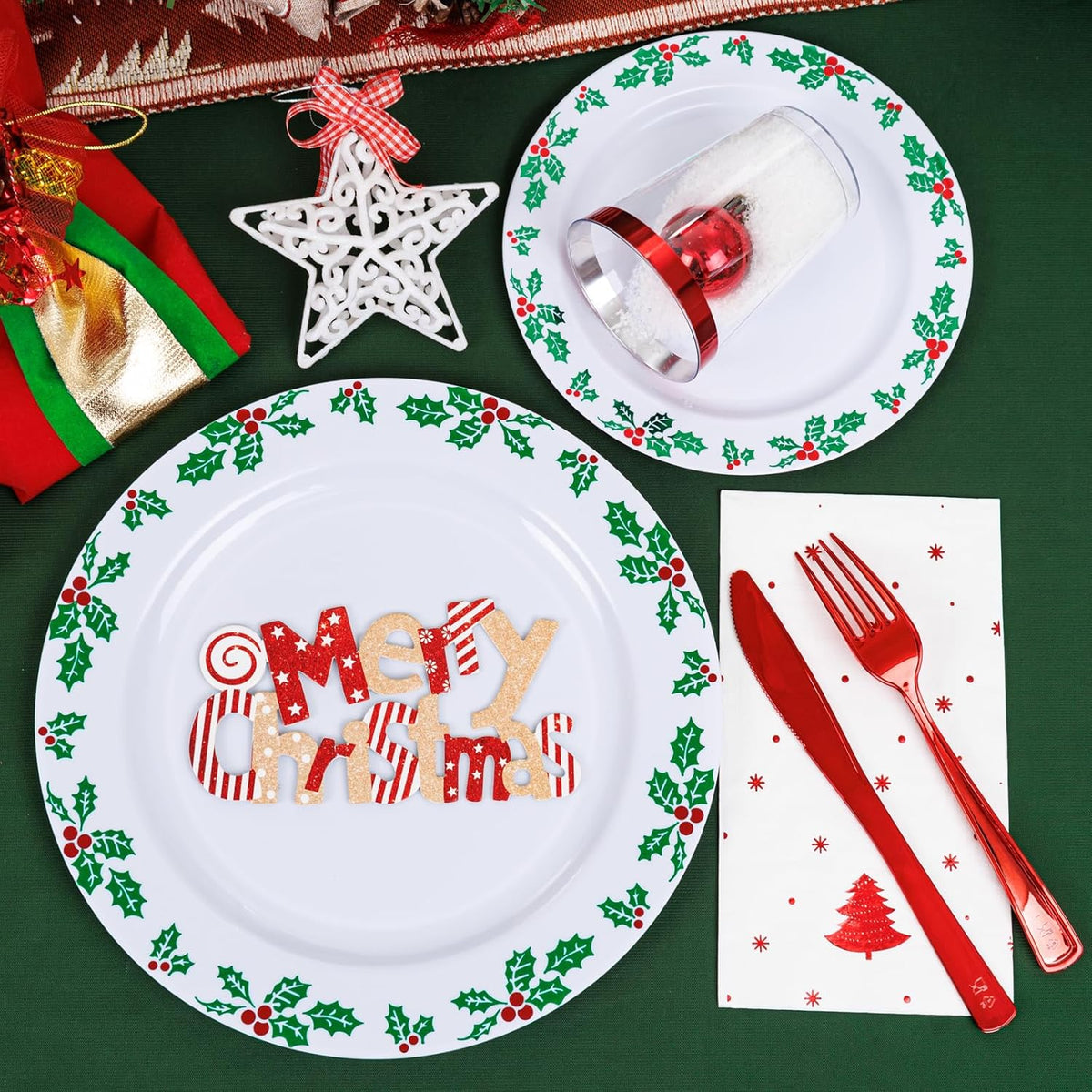 WDF 350pcs Christmas Plates and Napkins Set - Exquisite Holly Design - Christmas Dinnerware Set of