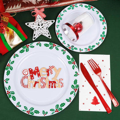 WDF 350pcs Christmas Plates and Napkins Set - Exquisite Holly Design - Christmas Dinnerware Set of