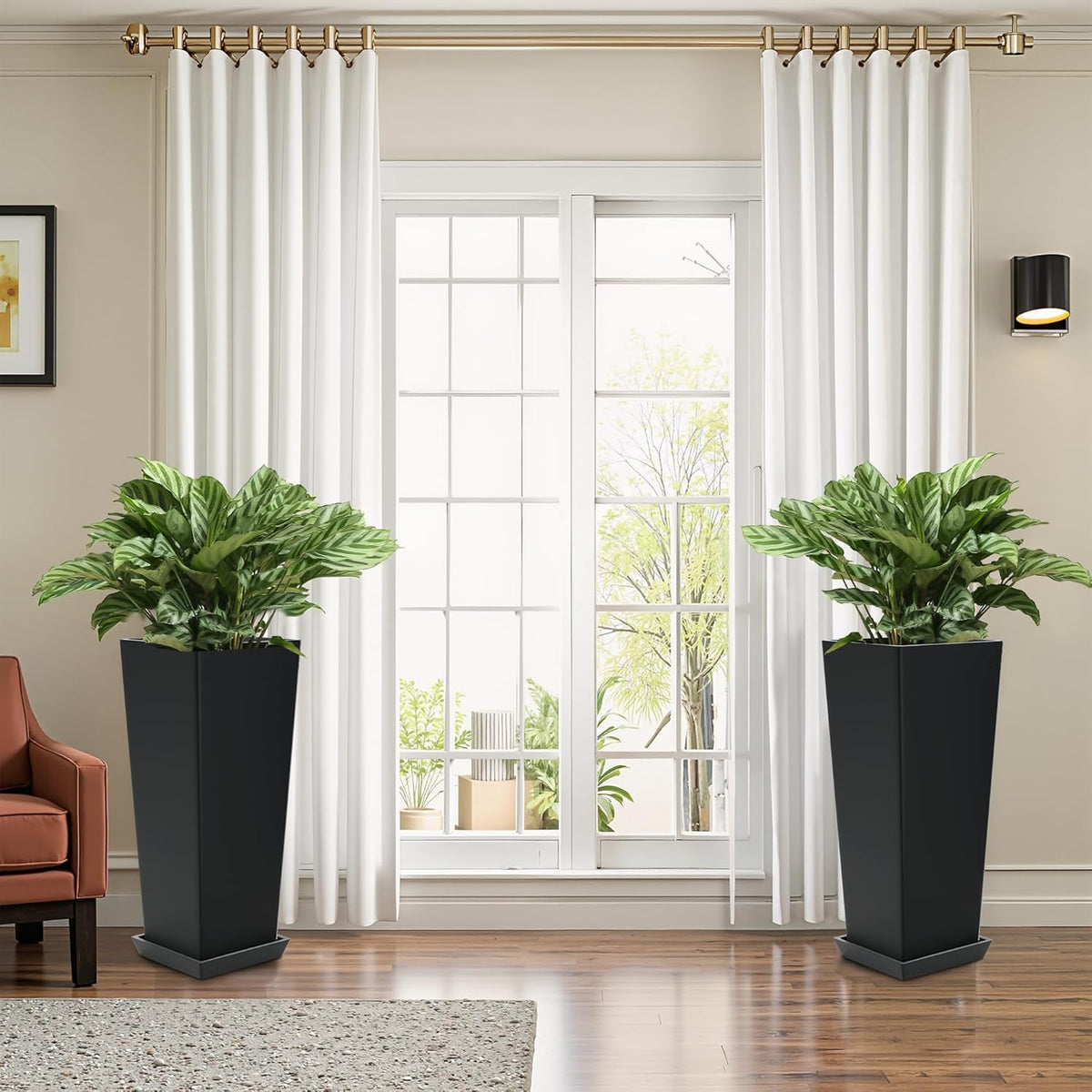 FENCY Set of 2 Tall Planters for Outdoor Plants, 24 Inch Large Tapered Pots with Drainage Trays