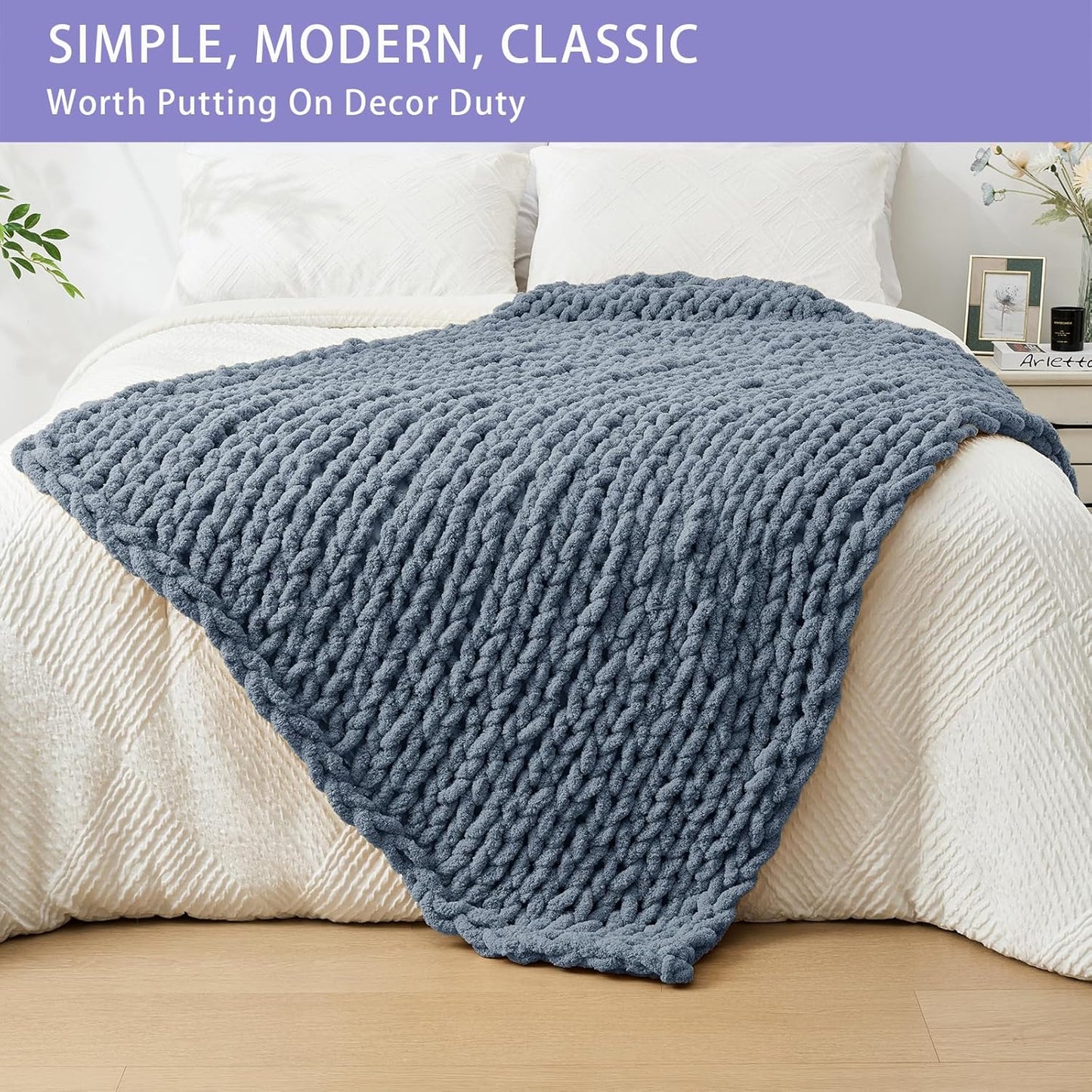 Bigacogo Chunky Knit Throw Blanket for Couch, 40x60 inches, 100% Hand Knitted with Thick Jumbo