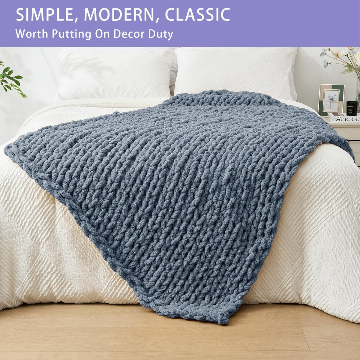 Bigacogo Chunky Knit Throw Blanket for Couch, 40x60 inches, 100% Hand Knitted with Thick Jumbo