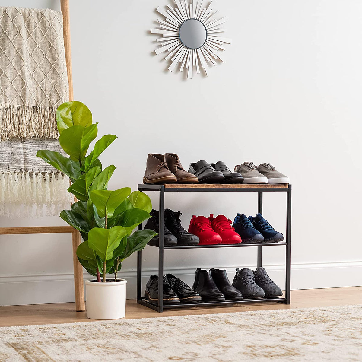 IRIS USA 3-Tier Shoe Rack, Holds 6 Pairs, Wood Metal Bench