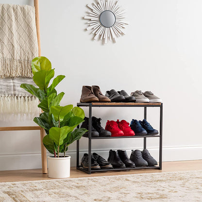 IRIS USA 3-Tier Shoe Rack, Holds 6 Pairs, Wood Metal Bench