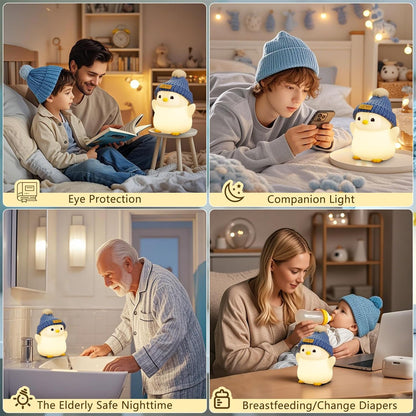 Penguin Night Light for Kids, Adorable Penguin Lamp with Hat, Food Grade Silicone Nursery
