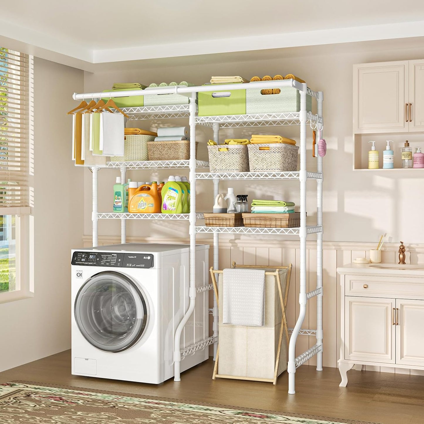 Ulif U13 Over Washer and Dryer Storage Shelves, 6 Tiers Laundry Room Standing Shelf with 2 Hanger
