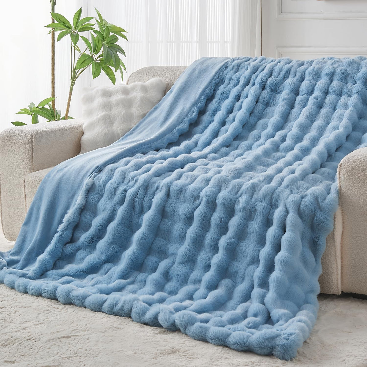 Lotus Karen Faux Fur Throw Blanket Sky Blue - Big Bubble Rabbit Fluff Blanket for Couch Bed