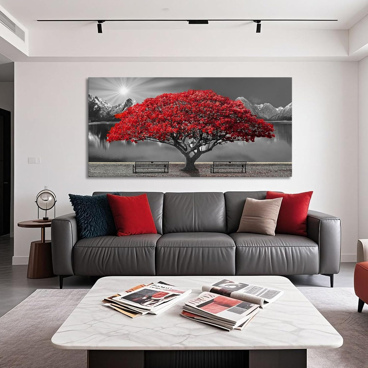 Black and White Red Tree Wall Art Canvas Print Picture Large Red Tree Landscape Modern Artwork for
