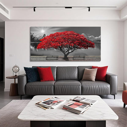 Black and White Red Tree Wall Art Canvas Print Picture Large Red Tree Landscape Modern Artwork for