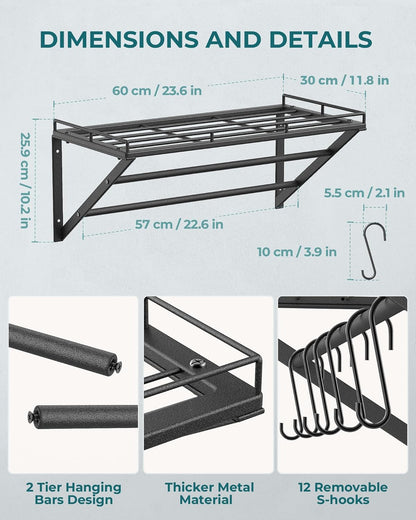 OROPY 23 Inch Wall Mounted Pot Rack Storage Shelf with 2 Tier Hanging Rails 12 S Hooks included