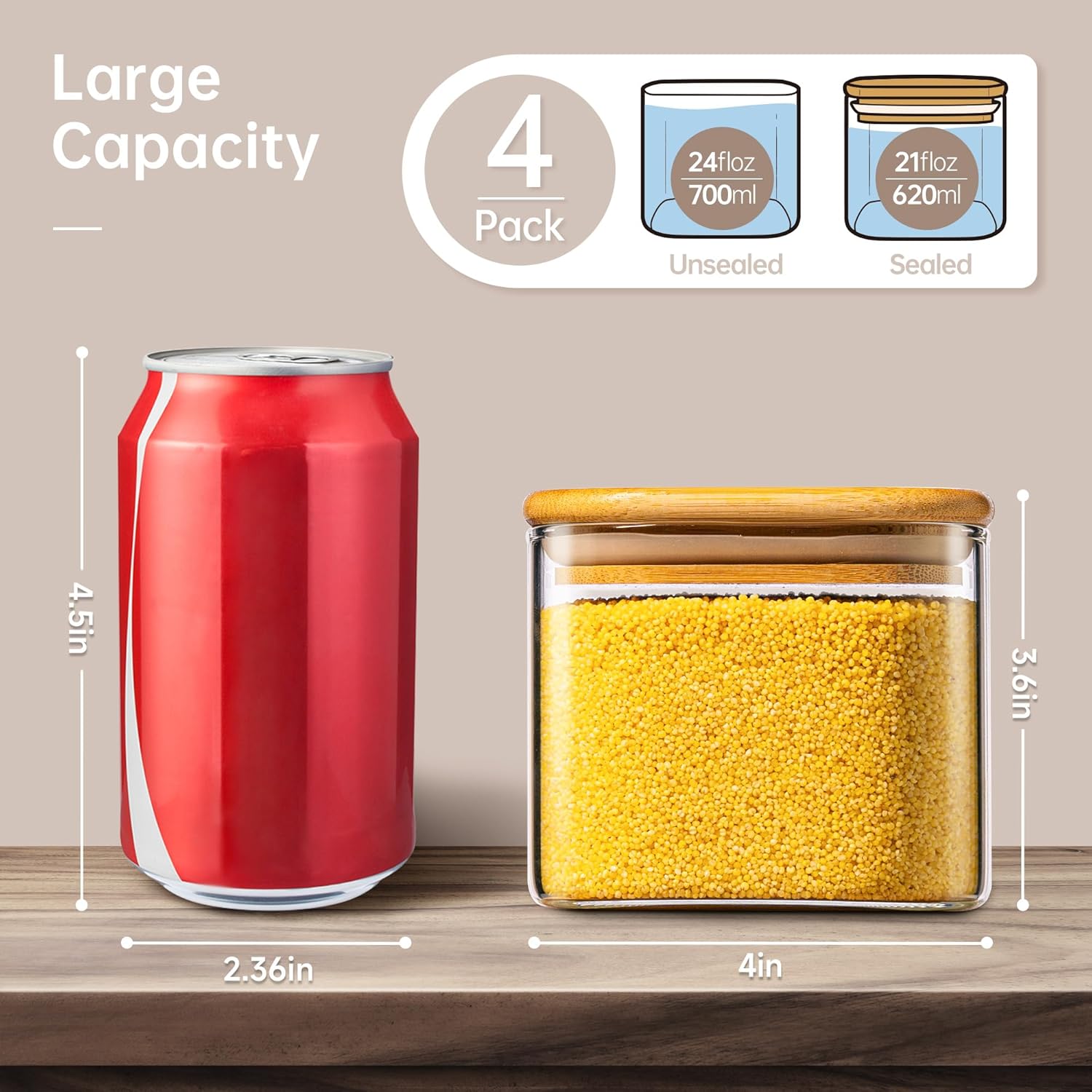 21oz - 4 Pack Square Glass Jars with Bamboo Lids, Glass Food Storage Containers with Airtight Lids