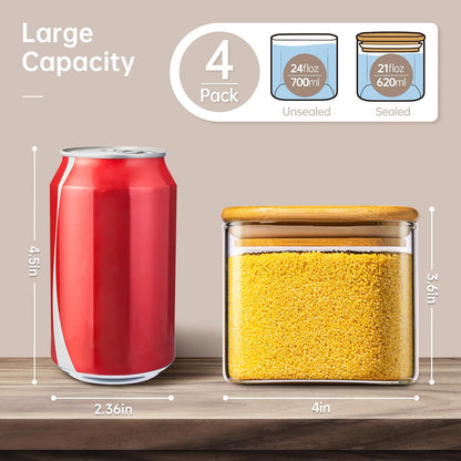 21oz - 4 Pack Square Glass Jars with Bamboo Lids, Glass Food Storage Containers with Airtight Lids