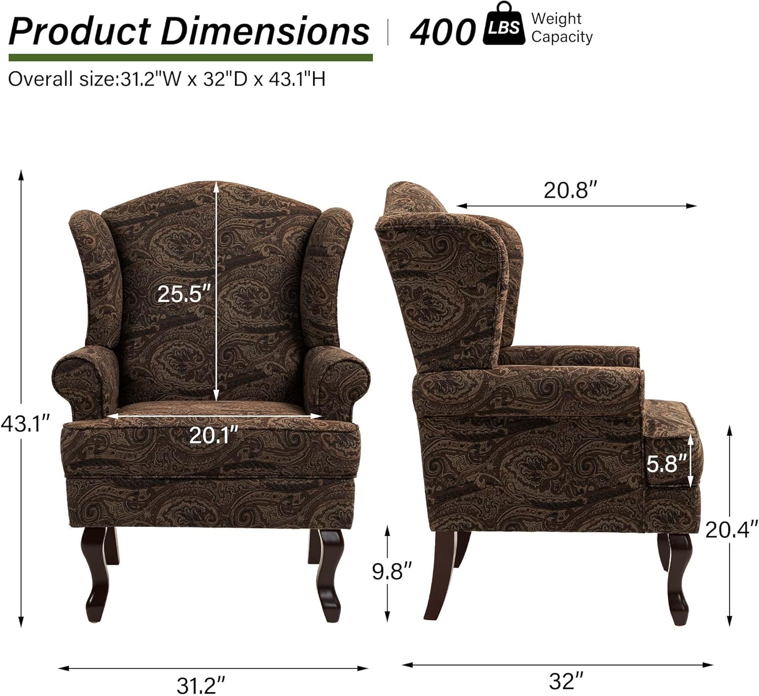 Accent Chair, High Back Upholstered Armchair with High Resilience Sponge & Wood Legs, Mid-Century