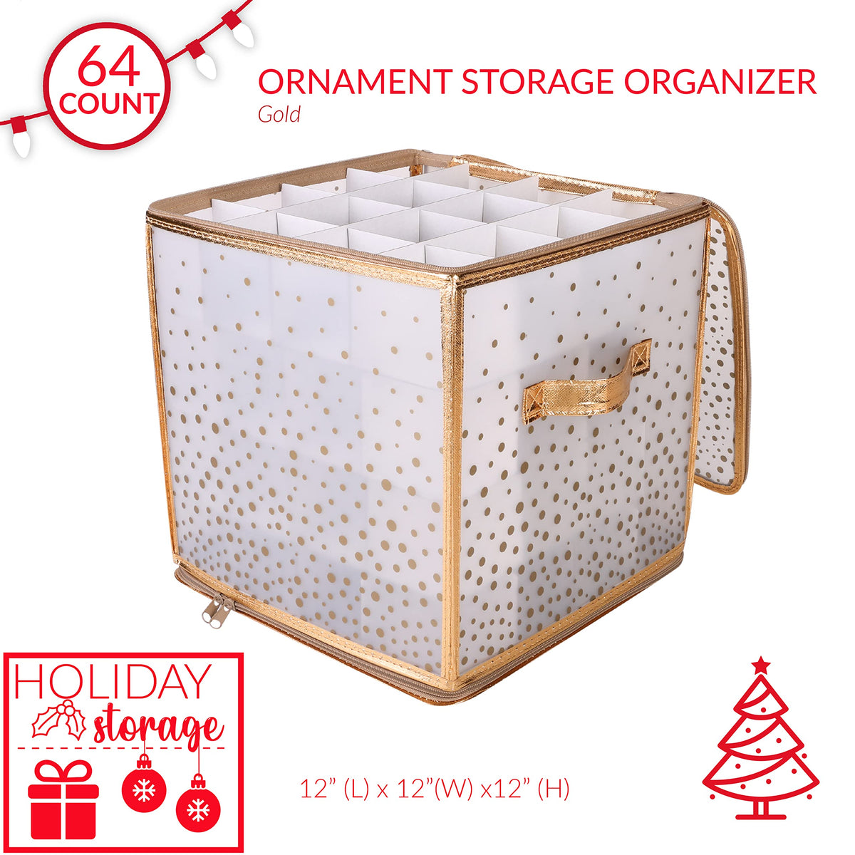 Simplify 64 Count Ornament Storage Box | Plastic | Decorative Organizer | Storage Bin | Gold | L12