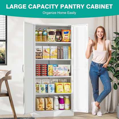 SISESOL Metal Storage Cabinet with 2 Doors and 5 Shelves,61 inch White Pantry Storage Cabinet,Large