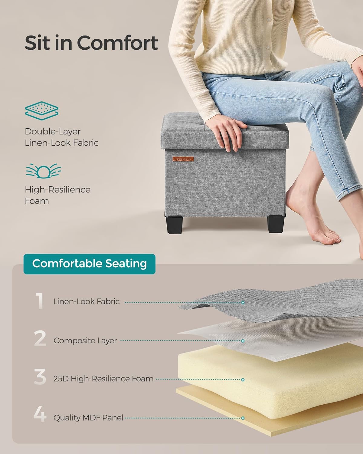 SONGMICS Storage Ottoman, Small Ottoman Foot Rest with Legs, 12.6 x 15.8 x 13.2 Inches Foot Stool