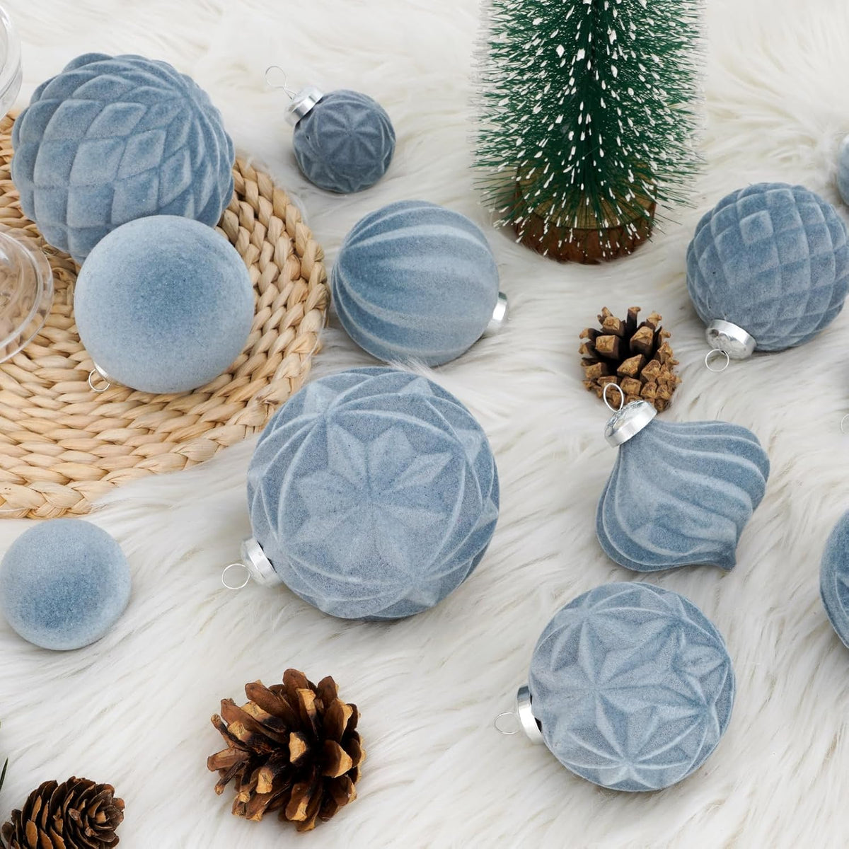 46PCS Velvet Christmas Ball Ornaments Set, Flocked Shatterproof Xmas Tree Decor, Assorted Hanging