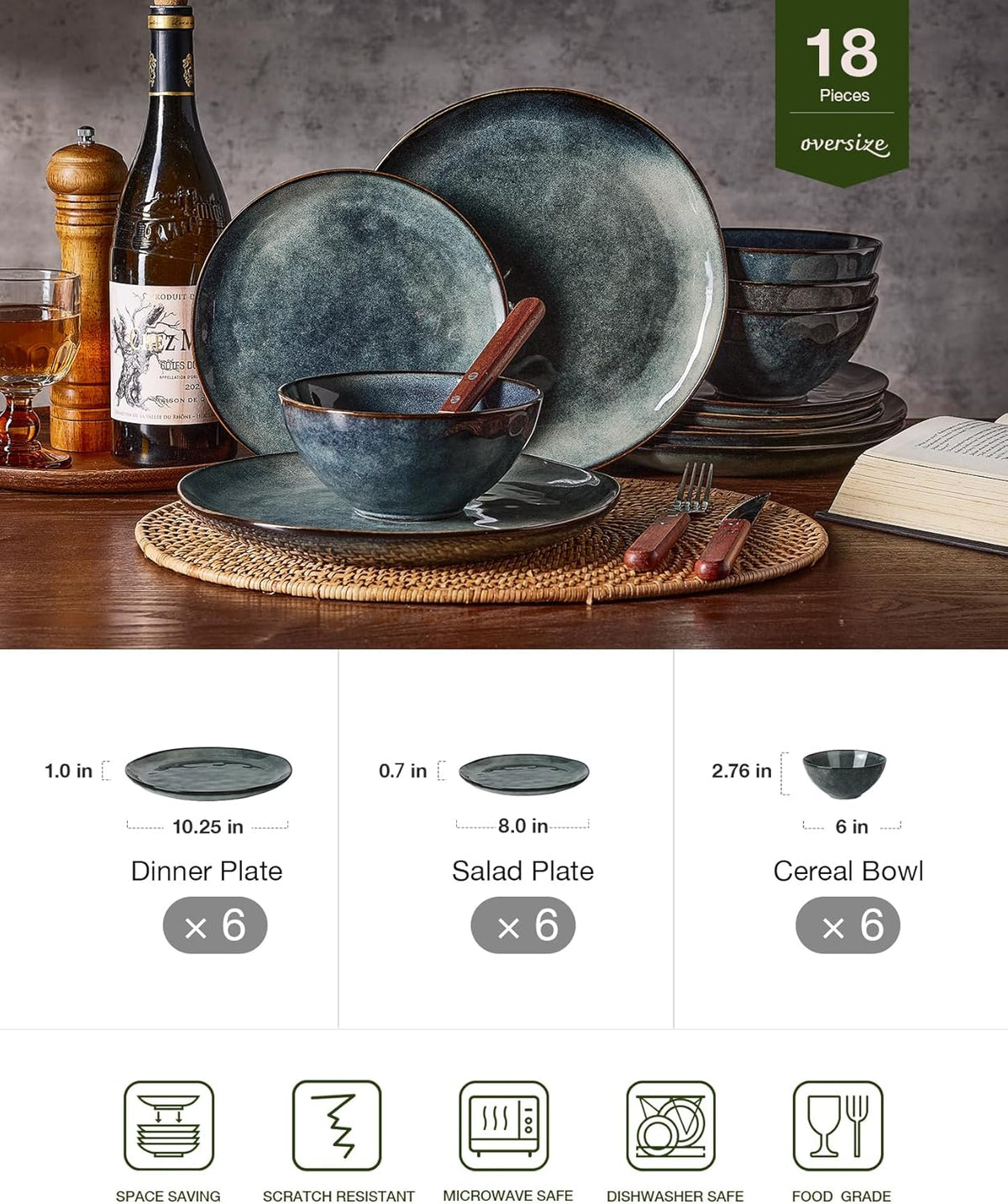Famiware Ocean Round Plates and Bowls Set, 18 Pieces Dinnerware Sets, Dishes Set for 6, Reactive