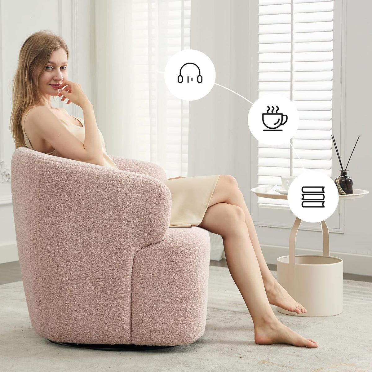 Swivel Accent Chair, Sherpa Teddy Barrel Chair for Living Room, Cozy Round Boucle Arm Chair, Metal