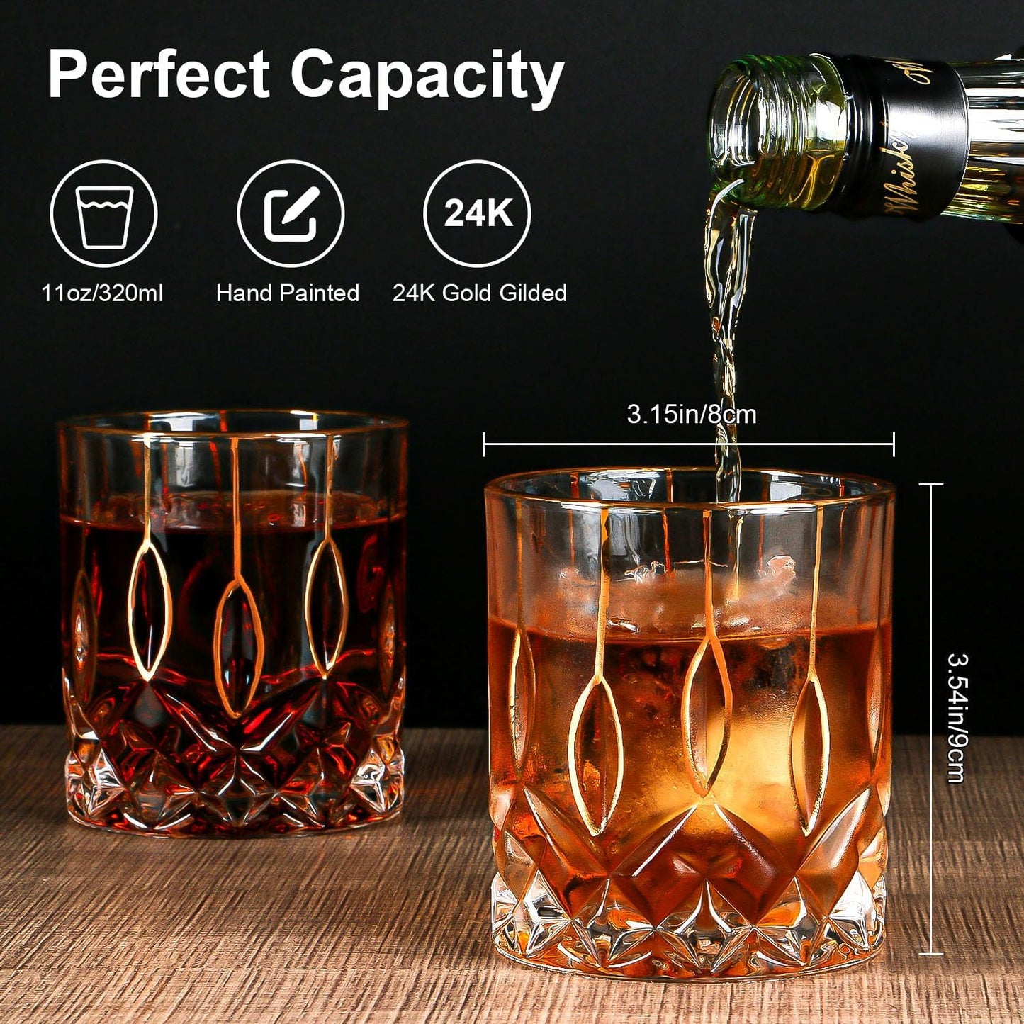 Gold Rim Whiskey Glasses Set of 2,Crystal Old Fashioned Glasses-Luxury Gold Collection,Perfect for