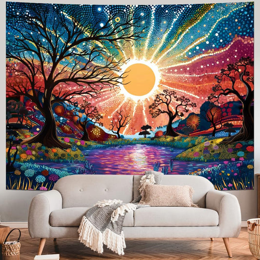 Serborlur Tree of Life Tapestry Trippy Sun Forest Tapestries Colorful Starry Sky Tapestries Hippie