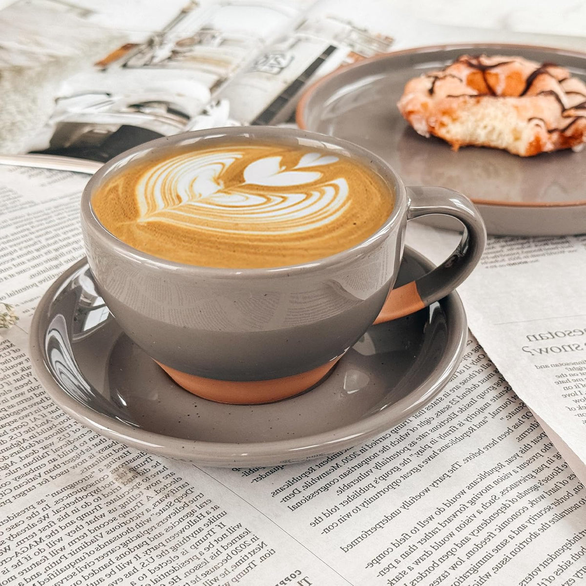 Mora Ceramic Latte Art Mug With Saucer - 10.5 oz, Round Bottom For Perfect Pours - Cafe Cups for