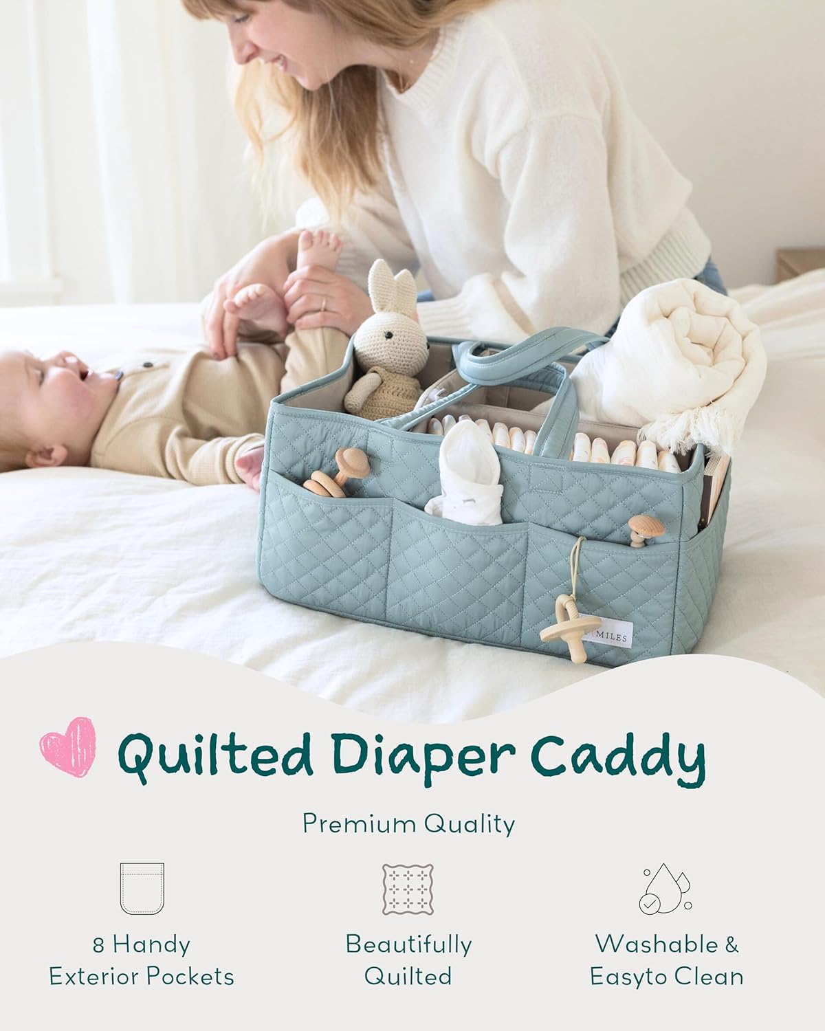 Lily Miles Baby Diaper Caddy Organizer, Quilted Nursery Storage Basket for Newborn Essentials and