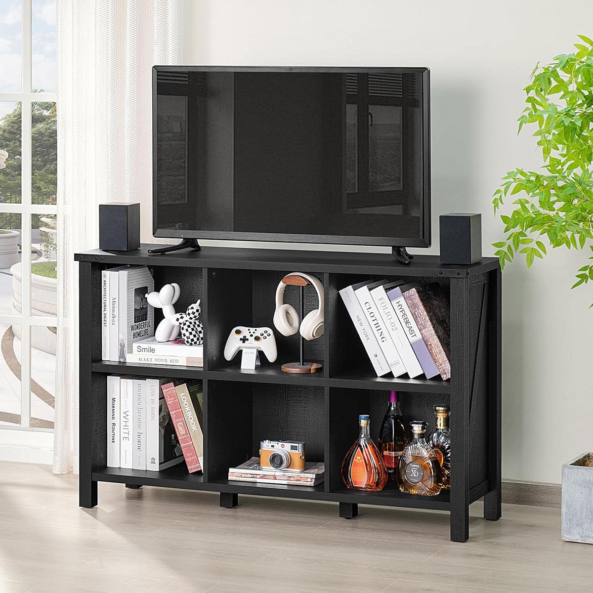 6 Cube Bookcase, Farmhouse Wood Low Storage Organizer Book Shelf, Black 47" Horizontal Console