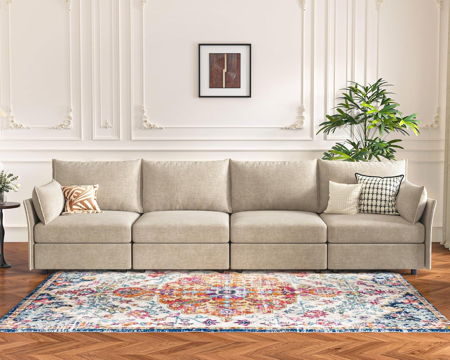 134.6" Modular Sectional Sofa, Oversized 4 Seater Couch with Removable Beige Chenille Fabric Cover