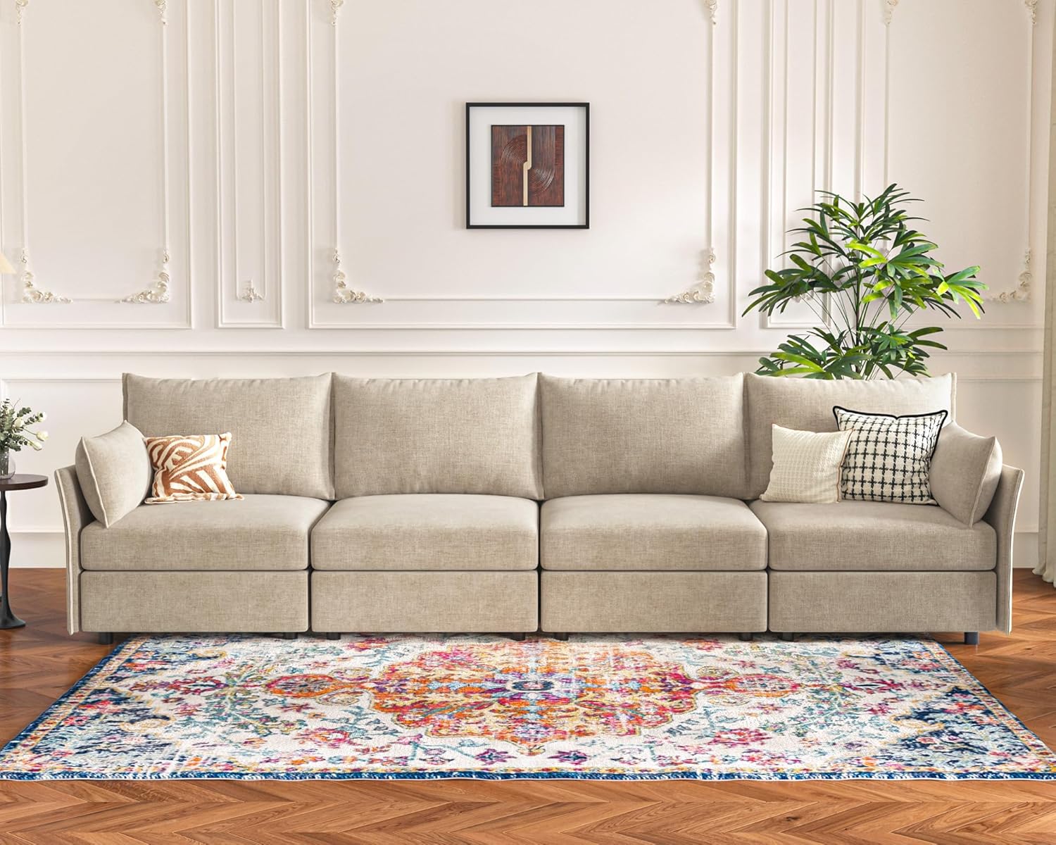 134.6" Modular Sectional Sofa, Oversized 4 Seater Couch with Removable Beige Chenille Fabric Cover