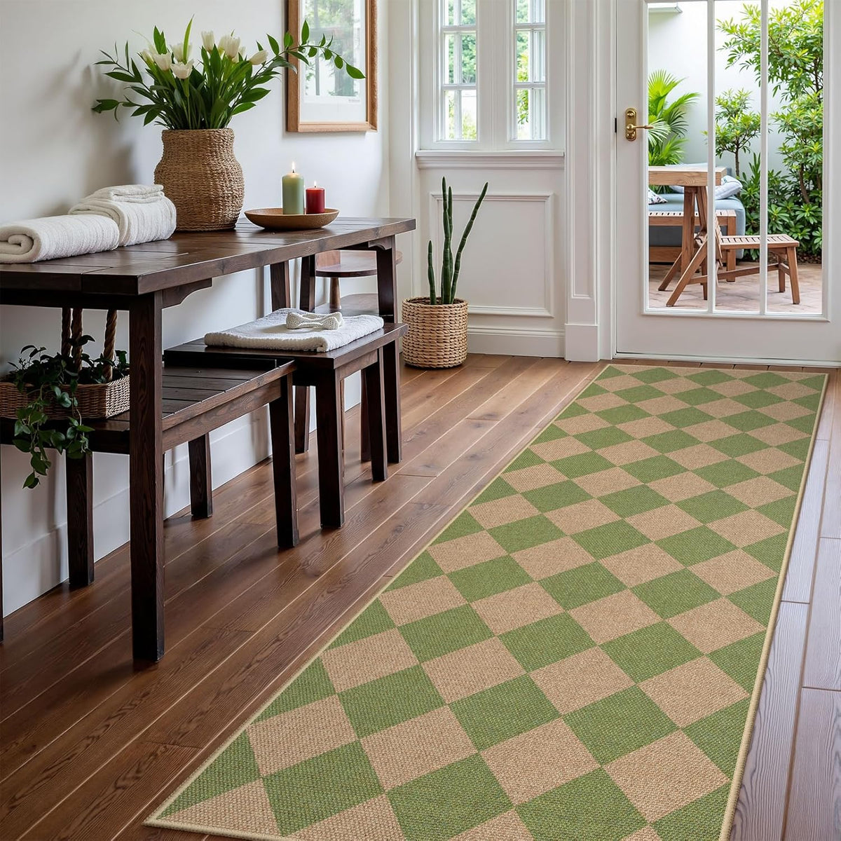 Lahome Checkered Green Runner Rug, 2x8 Carpet Runners for Hallway 8ft Non Slip Entryway Rug