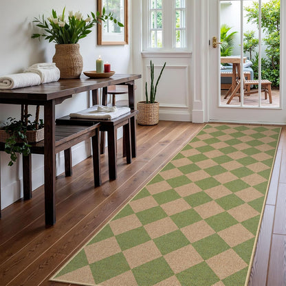 Lahome Checkered Green Runner Rug, 2x8 Carpet Runners for Hallway 8ft Non Slip Entryway Rug